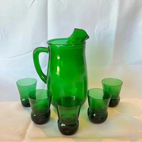Vintage Other - Vintage Handblown Green Glass Shot Glasses and Pitcher